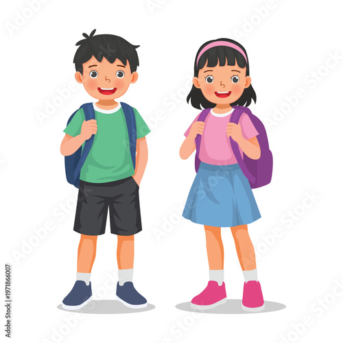 Two school kids student with backpack standing together