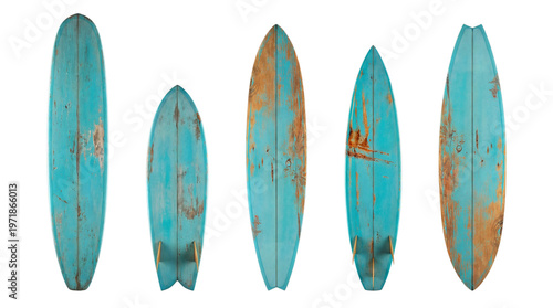 A compelling display of five unique vintage distressed wooden surfboards standing upright on a transparent background.