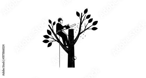 Expert Arborist Performing Tree Pruning at Height with Harness and Chainsaw in Minimal Flat Vector Design
