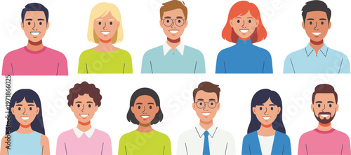 Set of diverse smiling people avatars and character portraits for corporate team social media profiles and user interface design.
