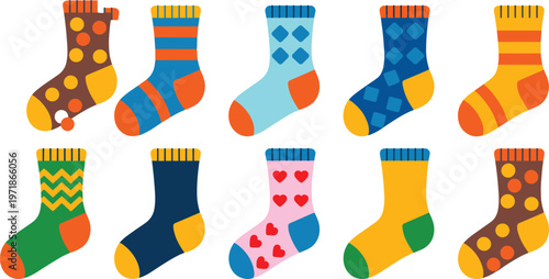 Collection of colorful patterned socks with polka dots stripes and hearts for winter fashion footwear and cozy clothing accessories.