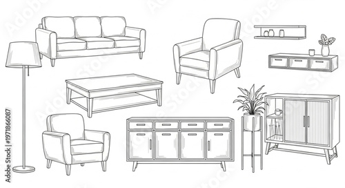 Elegant Living Room Furniture Sketch - Sofa, Armchair, and Storage.