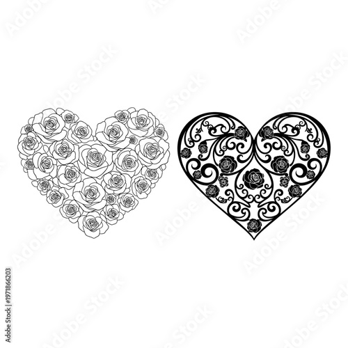 Intricate black and white floral and ornate heart designs contrasted side by side Vector, illustration