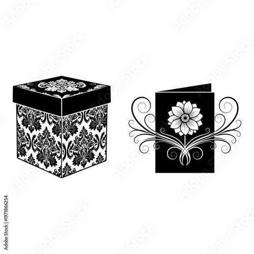 Elegant black floral patterned gift box and decorative card design Vector, illustration