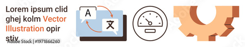 Language translation, communication, efficiency, technology, productivity, workflow optimization. Set of language translation text, speedometer icon and gear. Language translation and technology
