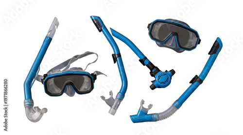 Fotografía Collection of matching blue scuba diving masks and breathing tubes on transparent background for water sports and ocean exploration