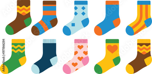Collection of colorful patterned socks with polka dots stripes and hearts for winter fashion footwear and cozy clothing accessories.