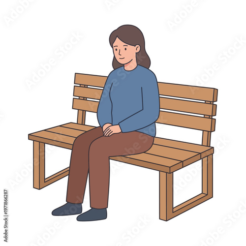 Woman sitting calmly on a wooden bench illustration