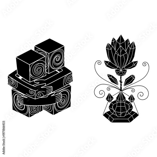 Intricate black and white geometric and floral decorative designs on stacked blocks and pedestal Vector, illustration