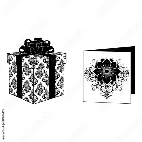 Elegant gift box with decorative ribbon and intricate floral card design Vector, illustration