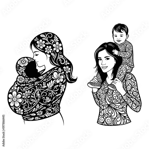 Traditional attire and intergenerational bonding illustrated through intricate patterns Vector, illustration