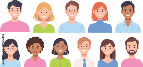 Set of diverse smiling people avatars for business team profiles and social media user interface design character illustrations.