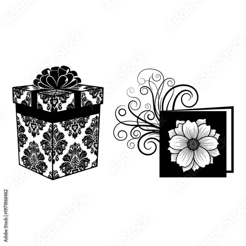 Elegant floral gift box and intricate decorative envelope design Vector, illustration
