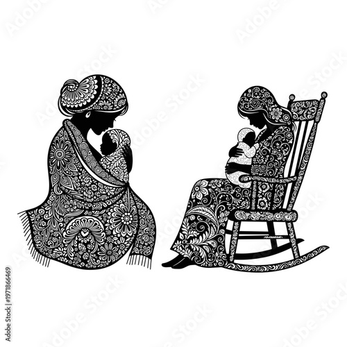 Two women in traditional rocking chairs engaging in quiet conversation Vector, illustration