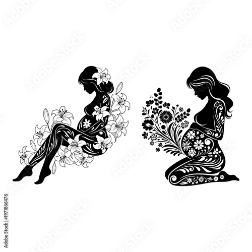 Elegant artistic depictions of pregnant women with floral motifs Vector, illustration