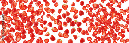 Photos Strawberry halves and seeds flying composition isolated on white background, Fra