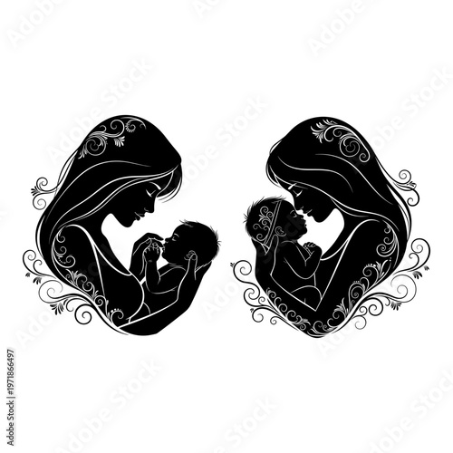 Elegant silhouette art of mothers cradling their infants with intricate headwear designs Vector, illustration