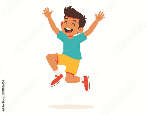 A joyful boy jumping in the air with his arms raised, full of happiness