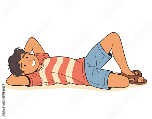 A happy person relaxing lying down with hands behind head