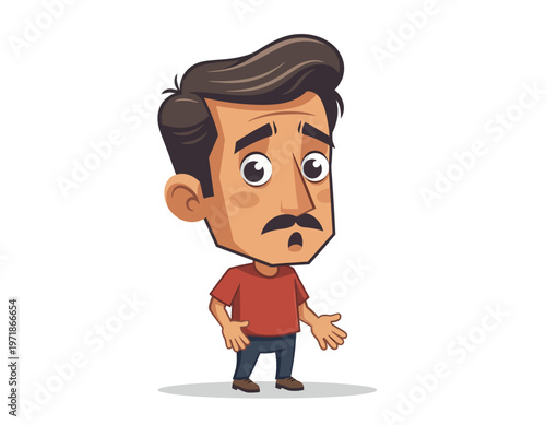 Cartoon character of a man with a look of surprise on his face. He has dark hair and a mustache and is wearing a red shirt and jeans