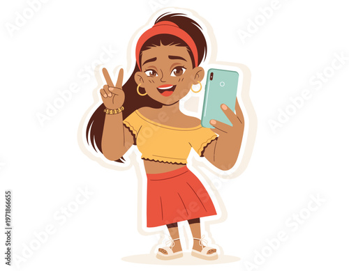 A young woman takes a selfie and gives a peace sign, expressing joy and confidence. She holds a smartphone and looks at the camera with a smile. She wears a vibrant outfit.