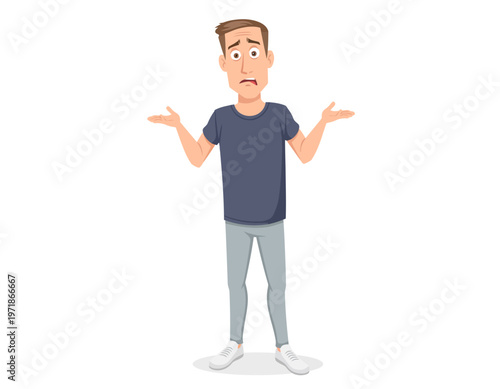 A man is shrugging, expressing confusion and uncertainty, with a doubtful expression