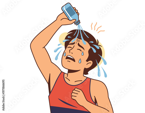 A person pouring water on himself to cool off from the heat. This image captures the essence of summer, portraying the relief of a cool shower.