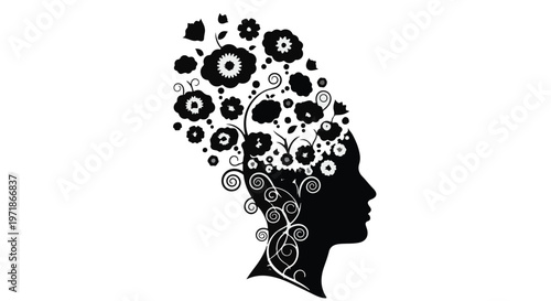 Silhouette of a woman's head with blooming flowers and swirling vines emerging from her hair.