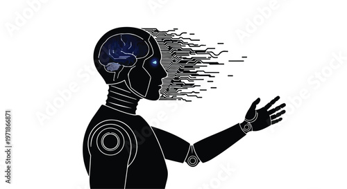 A black robotic head profile shows a glowing blue brain and dissolving pixels on the right side, with an outstretched hand.