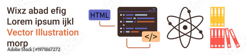 Web development, scientific technology, data management, coding tutorials, digital research, software learning. Coding screen with HTML tags, atom symbol and document folders. Web development