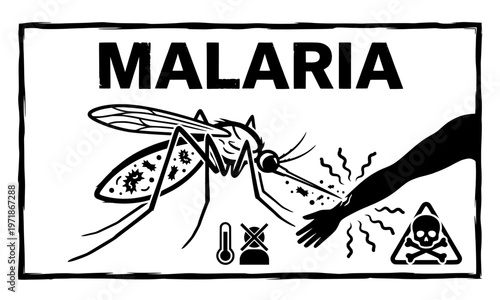 Malaria Warning Sign with Mosquito Bite Illustration