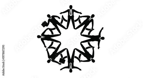 Silhouettes of businessmen form a circle holding hands, symbolizing unity and teamwork in a corporate environment.