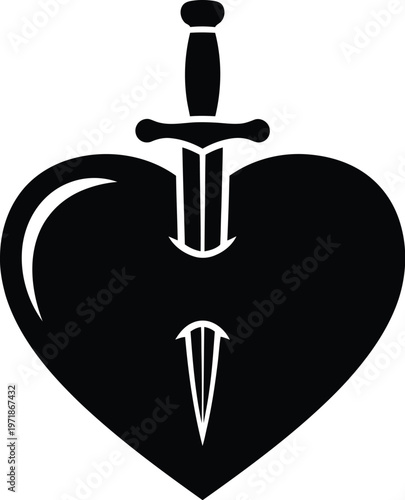 A black heart pierced by two crossed swords symbolizing conflict within love or passion. Vector