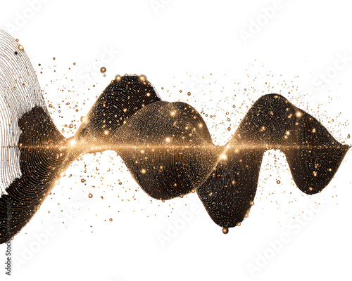 白い背景に美しく描かれた、金色のラメと輝く粒子が混ざり合う黒いインクの抽象的な波状のスプラッシュ。高級感溢れるエレガントなデザイン素材として、流動的な動きと黄金の輝きが洗練された空間を演出する高品質なデジタルアート背景。