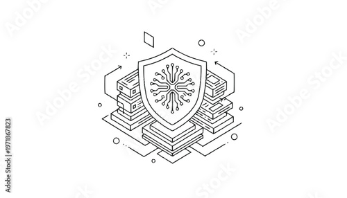 Digital Security Shield Protecting Data Servers in Modern Network.