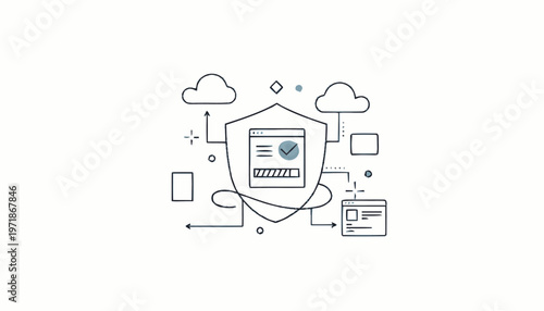 Digital Security Shield with Cloud and Network Connections Illustration.