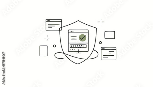Digital Security Shield with Computer and Checkmark Illustration.