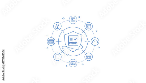 Digital Security Shield with Data Protection and Cyber Safety Icons.