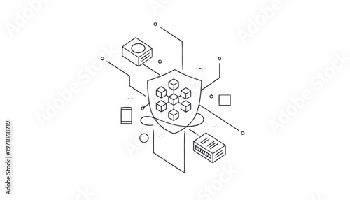 Digital Security Shield with Connected Nodes and Data Flow Illustration.