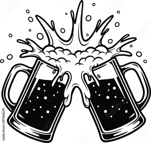 Two mugs of beer clinking together in a celebratory gesture with bubbles around them Vector