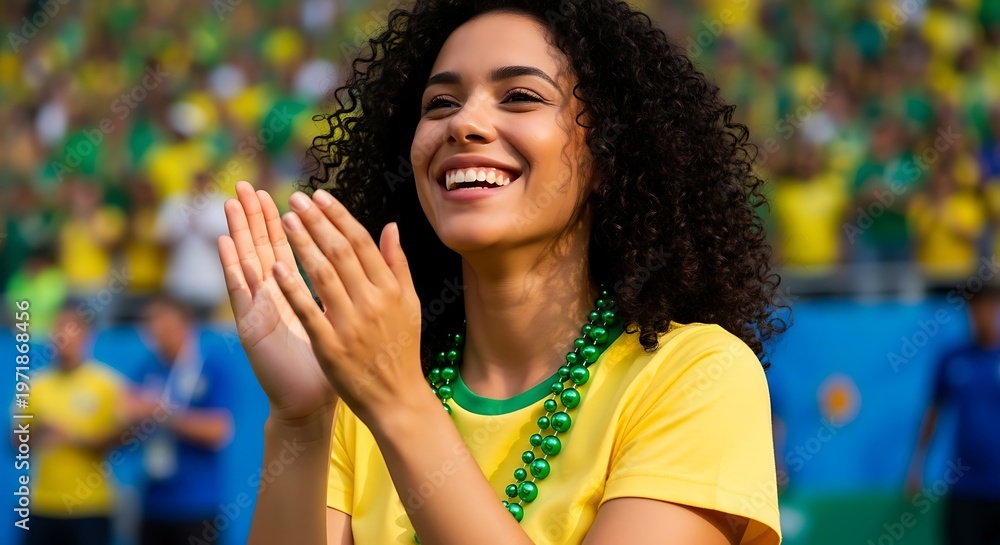 Obraz premium A smiling woman wearing a yellow shirt and green beads cheers at a sports event Brazilian woman fan in green and yellow at the 2026 soccer world championship.