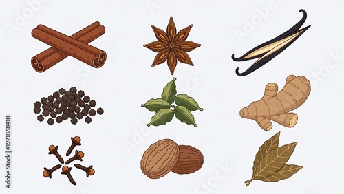 Spices and Herbs: Aromatic Cinnamon, Star Anise, Vanilla, and Culinary Ingredients for Flavoring and Healthy Cooking