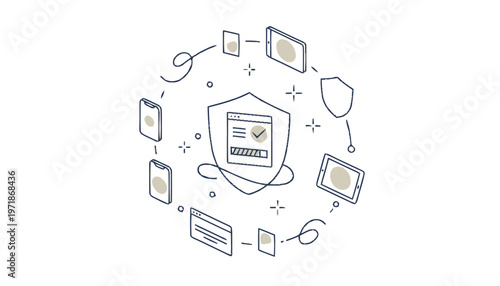 Digital Security Shield with Devices Isometric Outline Illustration.