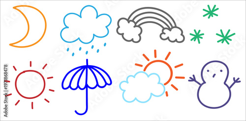 手描き風の天気と自然アイコンセット（太陽・月・雲・雨・虹・雪・傘・雪だるま）シンプルで可愛い気象イラスト素材