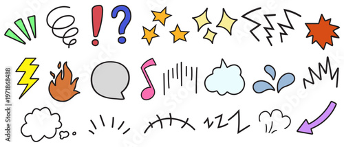 手描き風の記号やエフェクトアイコンセット（感情表現・吹き出し・効果線・記号マークのポップなイラスト素材集）