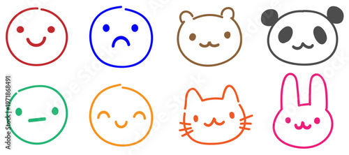 シンプルで可愛い手描き風の表情アイコンと動物フェイスセット（スマイル・悲しい顔・無表情・くま・パンダ・ねこ・うさぎ）カラフル線画イラスト素材