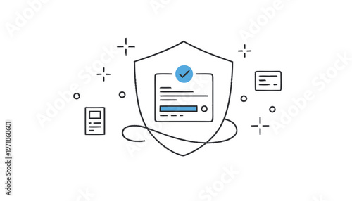 Digital Security Shield with Document and Checkmark Illustration.