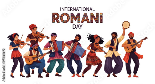 Illustration of people celebrating International Romani Day with traditional music and dance in a vibrant cultural setting.