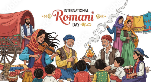 Illustration of a Romani community celebration on International Romani Day with traditional attire and cultural festivities.