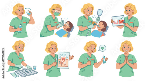 Female Dental Care Professional Character Set Healthcare Medical Poses and Activities Collection